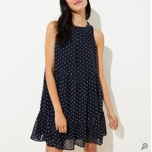 PETITE DOTTED TIERED SWING DRESS IN FOREVER NAVY